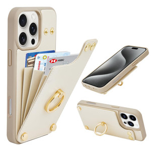 LAMEEKU for iPhone 16 Pro Max Case Wallet with Card Holder, 360° Rotation Ring Kickstand Leather Protective Case for iPhone 16 Pro Max 6.9'' Beige