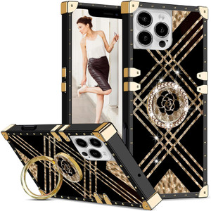 Ephoou for iPhone 16 Pro/Apple 16 Pro Case for Women, Rivet Metal Corner Design Phone Case Cover with Bling Diamond Ring for Apple iPhone 16 Pro 6.3"