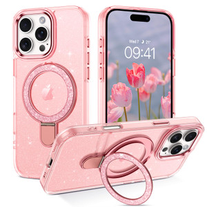 DOMAVER Magnetic Case for iPhone 16 Pro 6.3" with Stand [Compatible with Mag Safe], Glitter Translucent Slim Back Shockproof Protective Soft Cover wi