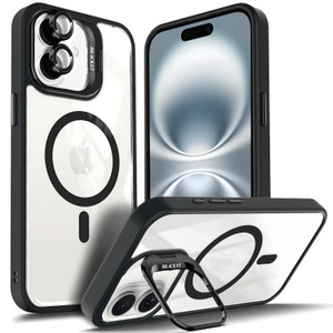 YZB Designed for iPhone 16 Case, Black | Magnetic Compatible with MagSafe | Built-in Stand & Camera Lens Protector | Anti-Yellowing & Scratch-Resista