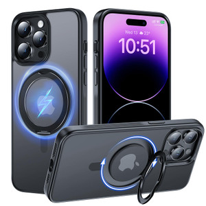 TAURI 360°Rotatable Magnetic Ring for iPhone 14 Pro Max Case Matte Black, [Designed for Magsafe] with Stand & Ring Holder, Translucent Matte Phone Ca