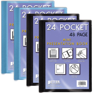 Mini Presentation Book, 5.5" x 8.5" (Half Page), 24 Pockets/48 Pages, 4 Pack, Small Poly Booklets with Clear Sleeves, 2 Black + 2 Blue with Clear Vie