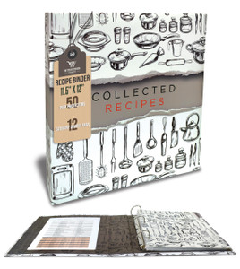 Better Kitchen Products Recipe Binder, Full Page 3 Ring Standard Binder Organizer Set (with 50 Page Protectors & 12 Category Divider Tabs) 11.5" x 12