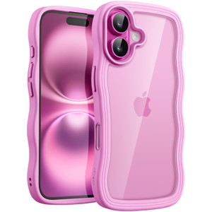 JETech Wavy Case for iPhone 16 Plus 6.7-Inch, Cute Wave Frame Curly Shape Shockproof Phone Cover for Women and Girls, Clear Hard PC Back (Pink)