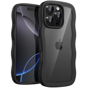 JETech Wavy Case for iPhone 16 Pro Max 6.9-Inch, Cute Wave Frame Curly Shape Shockproof Phone Cover for Women and Girls, Clear Hard PC Back (Black Ti