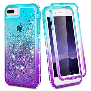 Ruky for iPhone 6 Plus 6s Plus 7 Plus 8 Plus Case, Glitter Clear Women Full Body Rugged Liquid Cover with Built-in Screen Protector (Aqua)