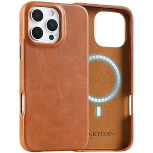 LUCKYCOIN Genuine Leather Phone Case for iPhone 16 Pro Max 6.9 in,Compatible with Magsafe,Leather Basic Cases Cover with Wireless Charging Metal Butt