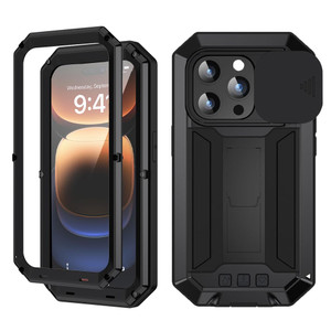 JINGANGYU Compatible with iPhone 16 Pro Metal Heavy Duty Case with Camera Cover Stand Screen Protector Kickstand Full Body Military Sturdy Armour Arm
