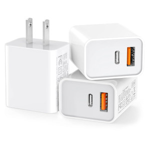 3 Pack USB C Wall Charger, 20W Durable Dual Port QC+PD 3.0 Power Adapter, Double Fast Plug Charging Block for iPhone 14/15/16/17 Pro/Pro Max/Plus, XS