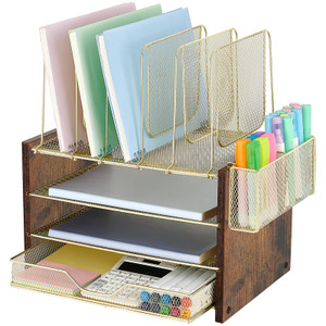 OPNICE Gold Desk Organizers and Accessories,4-Tier Desktop File Organizer with Drawer, Wood Paper Organizer with 5 Vertical File Holders and Pen Hold