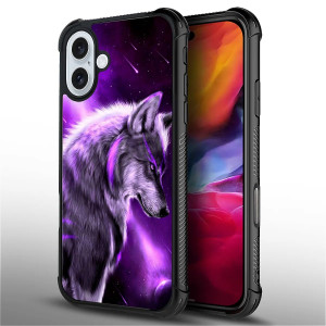 Toulas Compatible with iPhone 16 Plus Case,Purple Fantasy Starlight Wolf Ultimate Protection: Back+Soft Silicone Acrylic TPU Design for Shockproof Fa