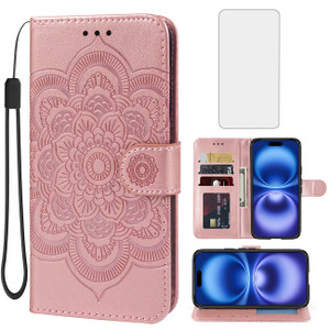 Bohefo Case for iPhone 16 Wallet Case with Tempered Glass Screen Protector, Mandala Leather Flip Credit Card Holder Stand Phone Cover Cases for iPhon