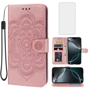 Bohefo Case for iPhone 16 Pro Wallet Case with Tempered Glass Screen Protector, Mandala Leather Flip Credit Card Holder Stand Phone Cover Cases for i