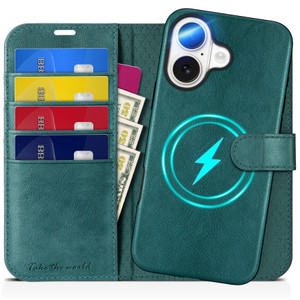 TUCCH Case for iPhone 16, Detachable Wallet with [Wireless Charging] RFID Blocking 4 Card Holder, Removable Stand PU Leather Flip Shockproof Phone Co