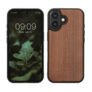 kwmobile Real Wood Case Compatible with Apple iPhone 16 Case - Hard Wooden Cover w/TPU Bumper - Dark Brown
