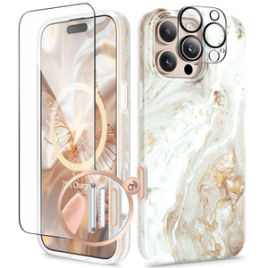 GVIEWIN for iPhone 16 Pro Case Compatible with MagSafe, with Screen & Lens Protectors, Military-Grade Protection Slim Marble Shockproof Magnetic Phon