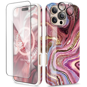 GVIEWIN for iPhone 16 Pro Case Compatible with MagSafe, with Screen & Lens Protectors, Military-Grade Protection Slim Marble Shockproof Magnetic Phon