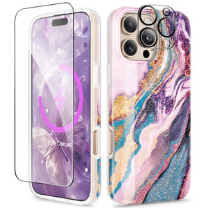 GVIEWIN for iPhone 16 Pro Case Compatible with MagSafe, with Screen & Lens Protectors, Military-Grade Protection Slim Marble Shockproof Magnetic Phon