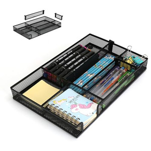 Desk Drawer Organizer Tray, 4 to 6 Grid Drawer Divider with 2 Adjustable Compartments, Metal Mesh Desk Organizer for Stationery Makeup Kitchen Toolro
