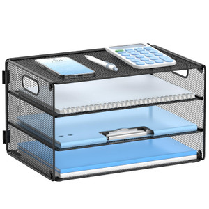 DALTACK 3 Tier Letter Tray Paper Organizer with Handle, Mesh Desk File Organizer, Paper Tray Desk Organizer for School Office Home, Metal Mesh, Black