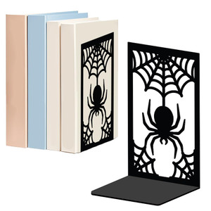 WADORN Spider and Spider Web Bookends for Shelves Decorative 1 Pair, Cute Spider Gothic Non-Skid Heavy Duty Book Ends Metal Book Holder Black L-Shape