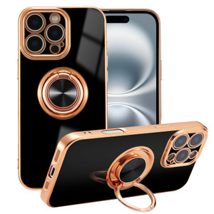 EYZUTAK Case for iPhone 16 Pro Max, Phone Case with 360° Rotatable Finger Ring Holder Kickstand Magnetic Car Mount Supported Shiny Plating Gold Edge