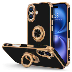 Hython for iPhone 16 Plus Case with Ring Stand, 360° Rotatable Ring Holder Magnetic Kickstand, Plating Rose Gold Edge Soft Cover Protective Phone Cas