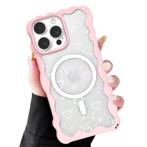 MOWIME for iPhone 16 Pro Case Glitter, Compatible with Magsafe, Cute Love Heart Design for Women Girls Wave Edge Clear Back Soft TPU + Hard PC Bumper