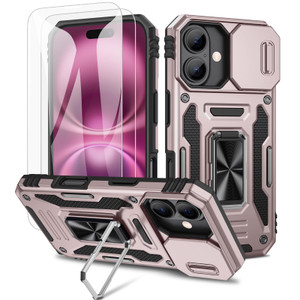 Maxdara for iPhone 16 Phone Case, with Slide Camera Cover & Built-in Rotating Kickstand & Front Glass Screen Protector Drop Protection Phone Case for