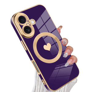 tharlet Magnetic for iPhone 16 Case [Compatible with Magsafe] Cute Love Heart Luxury Plating Gold Edge Bumper Case with Full Camera Lens with Privacy