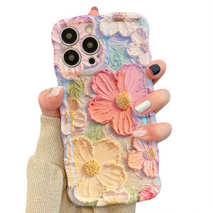 UEEBAI Flower Case for iPhone 16 Pro Max Case, Colorful Retro Oil Painting Girly Phone Cover Pretty Glossy Pattern Wave Cover Cute Sparkly Floral Cur