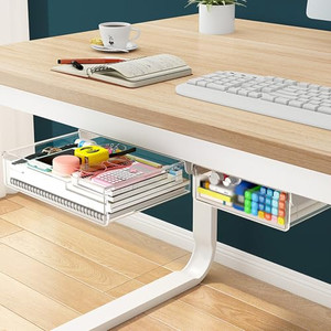 2 Pack Under Desk Drawer Organizer - Large & Small Slide Out, Clear Plastic Storage Drawers for Office & Home