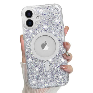 Bonoma for iPhone 16 Plus Case Sparkly Glitter Bling Back, Magnetic Support for MagSafe Shockproof, Crystal and Clear High-Duty Protection for Girls