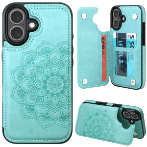 MMHUO for iPhone 16 Case with Card Holder,Flower Magnetic Buttons Protective Wallet Case for Women for iPhone 16 (6.1 Inch),Mint