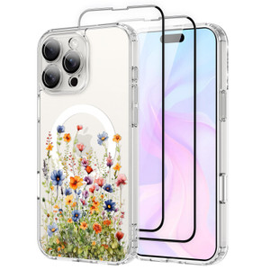 OOK Magnetic Case for iPhone 16 Pro Case Cute Flower Design with 2 PCS Screen Protector [Compatible with MagSafe] for Girls Women Floral Clear Slim S