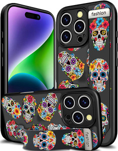 Cisland Compatible for iPhone 16 Pro Case Cute with Strap Stand Finger Kickstand, Designer Cool Silicone Cases Funda Cover - Blue Skulls Skeletons Ha