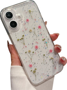 Shinymore Compatible with iPhone 16 Flower Case, Soft Clear Flexible Rubber Pressed Dry Real Flowers Girls Glitter Floral Cover-Pink