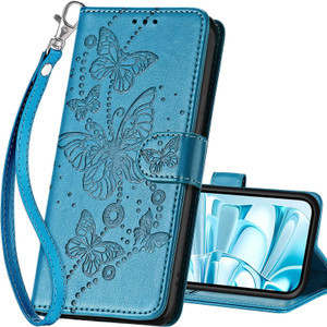 SASYMALY for iPhone 16 Wallet case, Flip Folio Cover with Stand Feature for Women Men, PU Leather Phone Case Fit for iPhone 16 6.1'' [Blue-Butterfly]