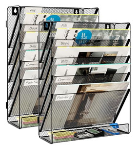 EasyPAG 2 Pack Wall File Organizer 5 Tier Assembly Office Supplies Vertical Hanging File Folders Holder Paper Rack,Black