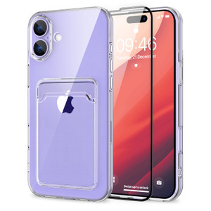 MZELQ Compatible with iPhone 16 Case TPU Card Holder Wallet Cover,Camera Protection + Screen Protector Soft Card Slot Phone Case -Clear