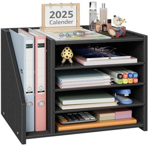 NUTIKAS Wood Paper Tray Organizer for Desk - 5 Tier Desk Top File Storage Office Workspace Desktop Organization Stationary Small Wooden Shelf, White