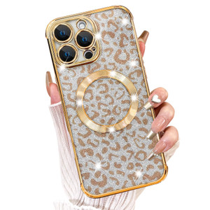 Fiyart Designed for iPhone 16 Pro Case,Compatible with MagSafe Cheetah Print Plating Camera Protection Magnetic Clear Glitter Leopard Print Shockproo