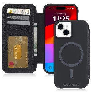 Case-Mate Wallet Folio iPhone 15 Case - Black [12ft Drop Protection] [Compatible with MagSafe] Magnetic Flip Folio Cover Made with Genuine Pebbled Le