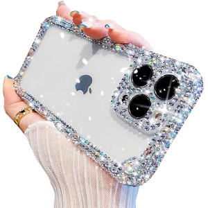 AuroiCCY for iPhone 16 Pro Bing Glitter Case, Women Girly Cute Phone Case Cover with Sparkle Rhinestone Camera Protection, Crystal Clear Silicone Pro
