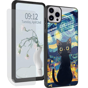 DHYYDSQZ for iPhone 16 Pro Phone Case with Screen Protector Starry Night Black Cat Design for Women Men Slim Tempered Glass Back Cover Soft TPU Shock