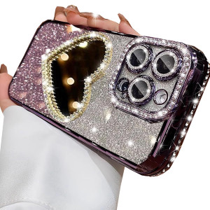 Changjia Glitter Mirror Case for iPhone 16 Pro Max,Luxury Diamond Heart Makeup Mirror Bling Sparkly Rhinestone with Camera Protector Soft Plating Bum