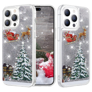 Changjia Glitter Christmas Case for iPhone 16 Pro,Cute Merry Christmas Tree Santa Elk Liquid Flowing Floating Moving Bling Sparkle Clear Shockproof W
