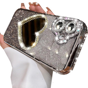 Changjia Glitter Mirror Case for iPhone 16, Cute Luxury Diamond Heart Makeup Mirror Bling Sparkly Rhinestone with Camera Protector TPU Plating Bumper