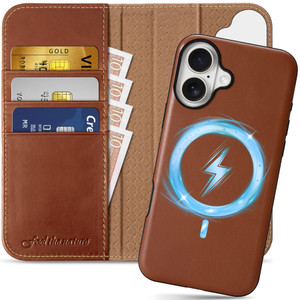 SHIELDON Case for iPhone 16 Plus 5G, Genuine Leather Detachable 2 in 1 Wallet Kickstand RFID Blocking Card Holder Magnetic Shockproof Wireless Chargi