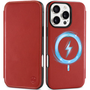 SHIELDON Wallet Case for iPhone 16 Pro Max, Genuine Leather Slim Folio Magnetic Wireless Charging RFID Blocking Card Holder Protective Phone Cover Co